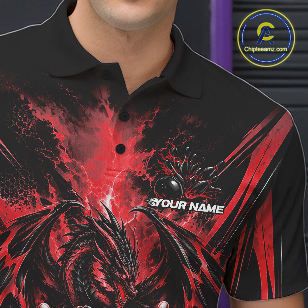 Custom Black And Red Thunder Lightning Dragon Men Bowling Jersey Men Polo Shirt IPHW12125