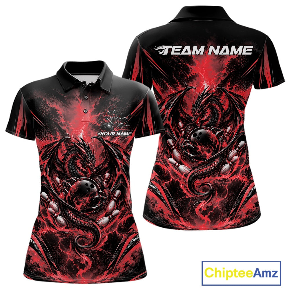 Custom Black And Red Thunder Lightning Dragon Women Bowling Jersey Women Polo Shirt IPHW12125