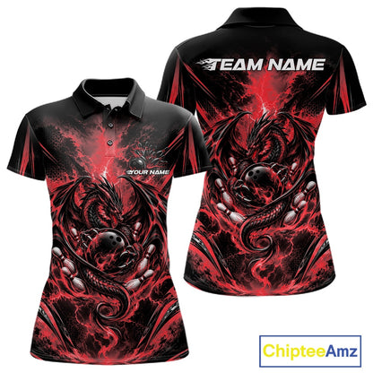 Custom Black And Red Thunder Lightning Dragon Women Bowling Jersey Women Polo Shirt IPHW12125