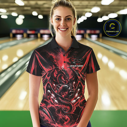 Custom Black And Red Thunder Lightning Dragon Women Bowling Jersey Women Polo Shirt IPHW12125