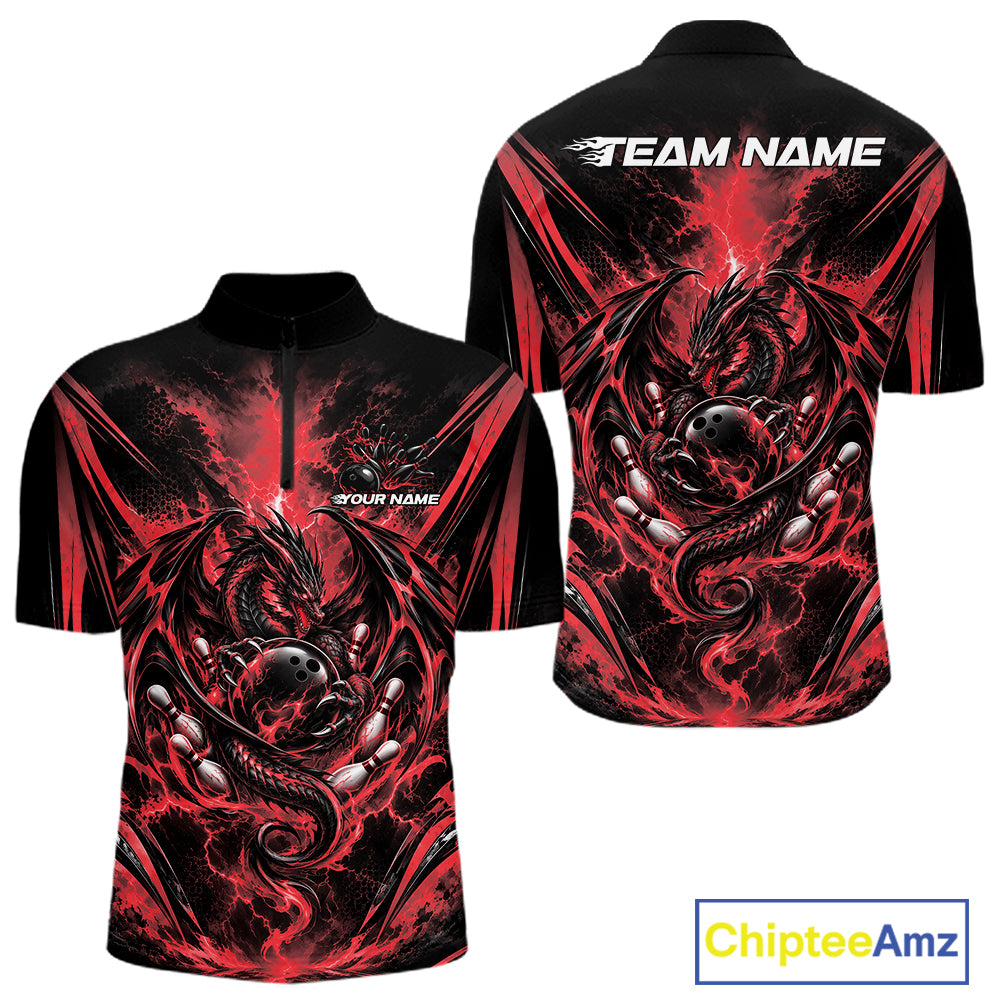 Custom Black And Red Thunder Lightning Dragon Men Bowling Jersey Men Quarter Zip Shirt IPHW12125