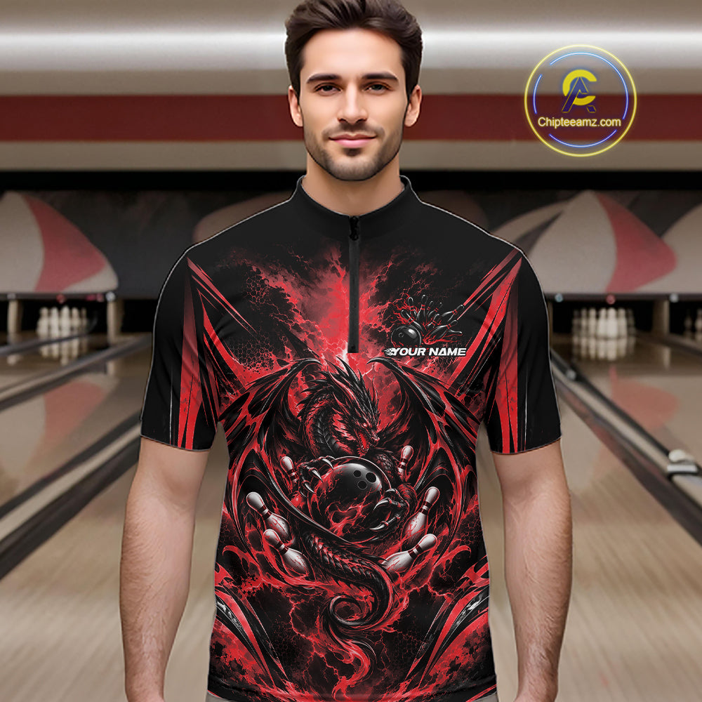 Custom Black And Red Thunder Lightning Dragon Men Bowling Jersey Men Quarter Zip Shirt IPHW12125