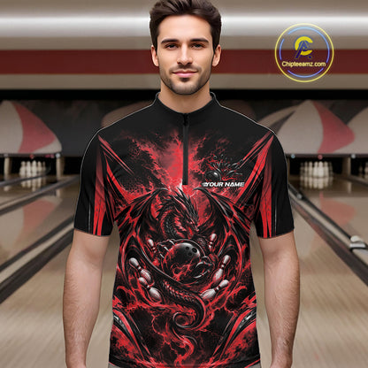 Custom Black And Red Thunder Lightning Dragon Men Bowling Jersey Men Quarter Zip Shirt IPHW12125