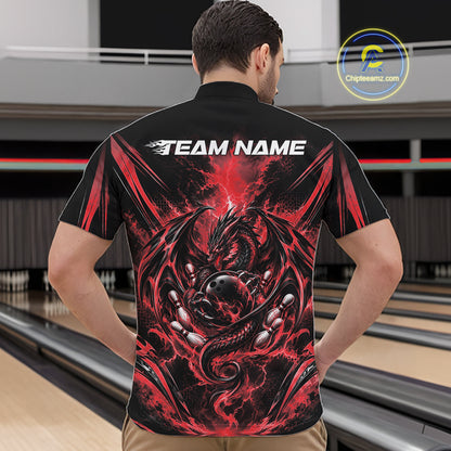 Custom Black And Red Thunder Lightning Dragon Men Bowling Jersey Men Quarter Zip Shirt IPHW12125