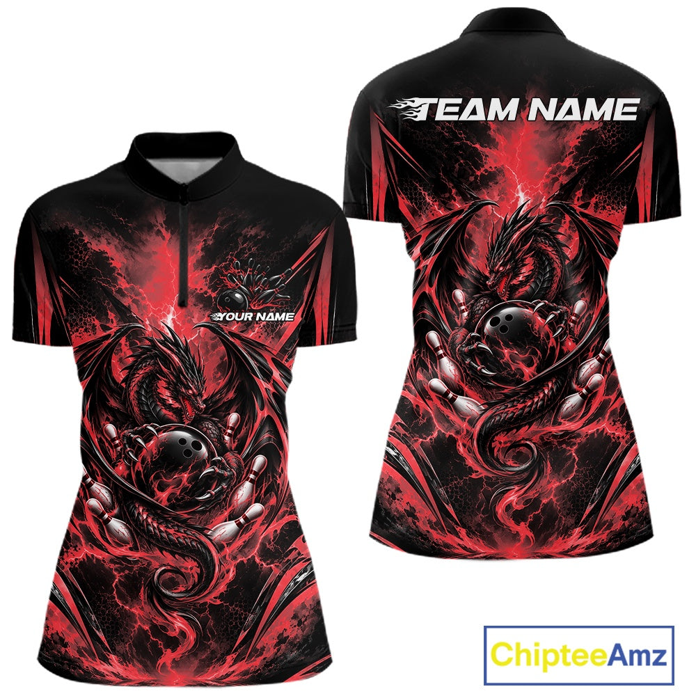Custom Red Thunder Lightning Dragon Women Bowling Jersey Women Quarter-Zip Shirt IPHW12125