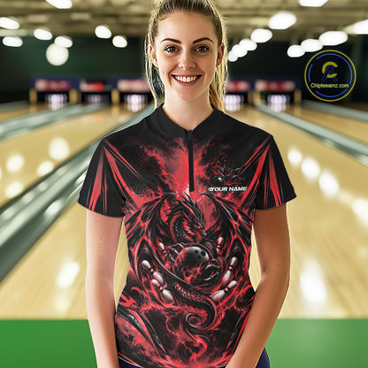 Custom Red Thunder Lightning Dragon Women Bowling Jersey Women Quarter-Zip Shirt IPHW12125