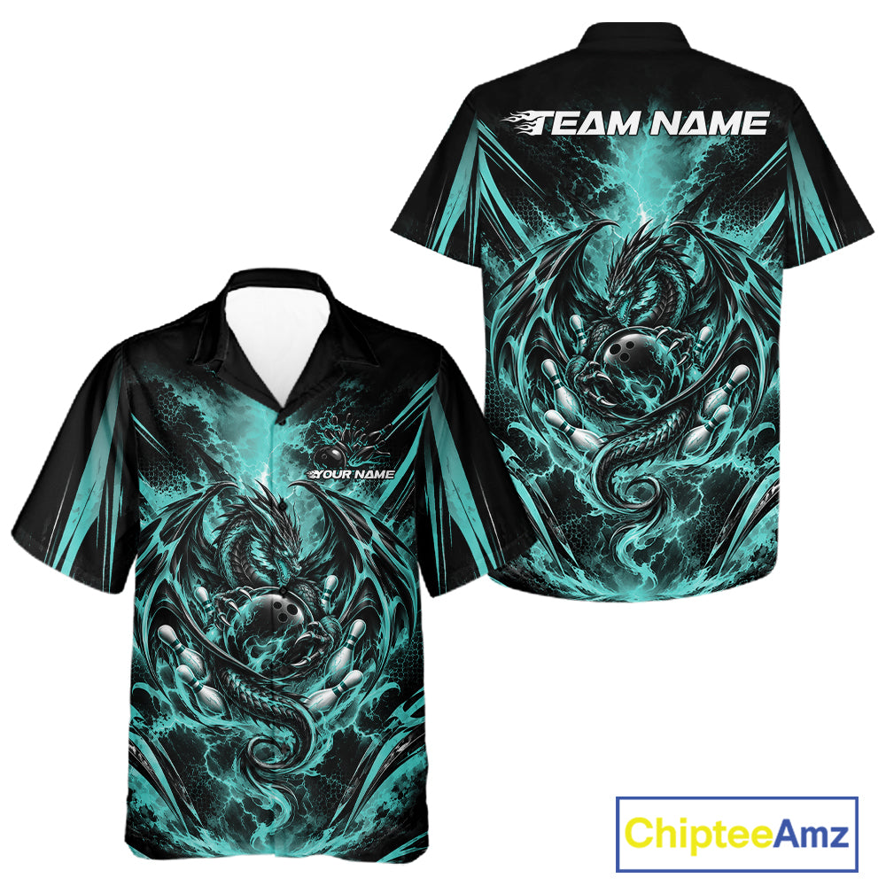 Custom Turquoise Blue Thunder Lightning Dragon Men And Women Bowling Jersey Men And Women Button Up Shirt IPHW12126