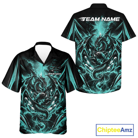 Custom Turquoise Blue Thunder Lightning Dragon Men And Women Bowling Jersey Men And Women Button Up Shirt IPHW12126