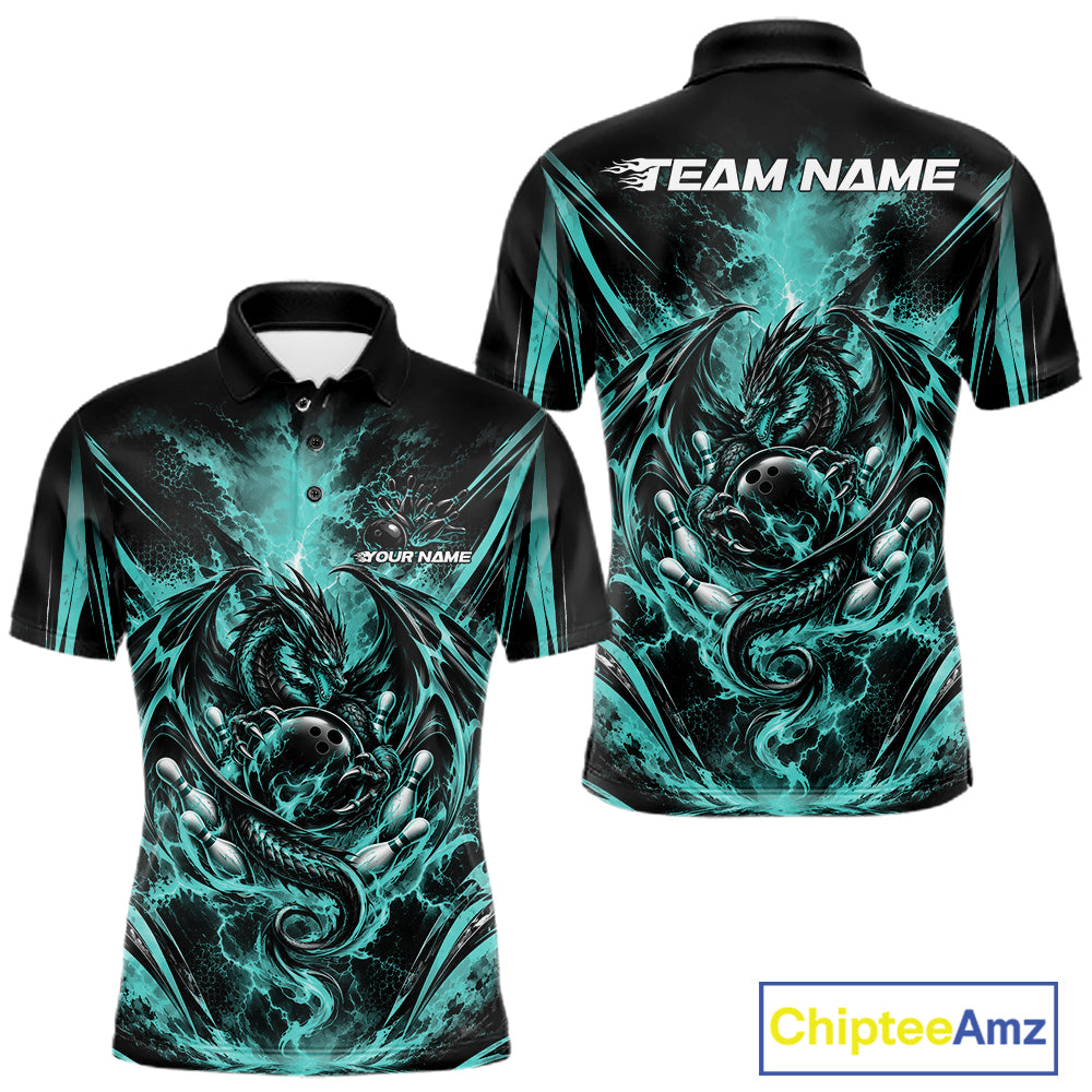 Custom Turquoise Blue Thunder Lightning Dragon Men Bowling Jersey Men Polo Shirt IPHW12126