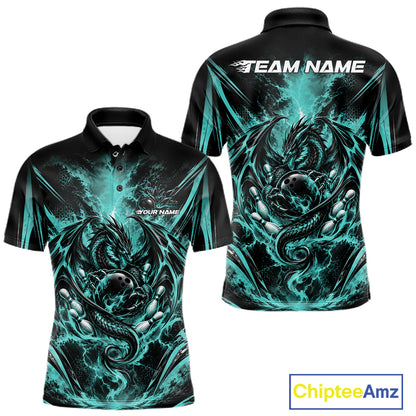 Custom Turquoise Blue Thunder Lightning Dragon Men Bowling Jersey Men Polo Shirt IPHW12126