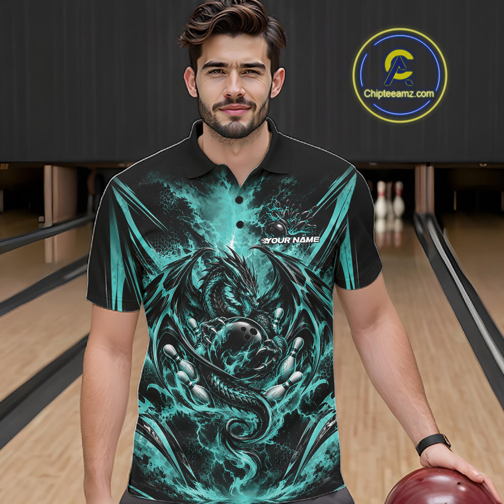 Custom Turquoise Blue Thunder Lightning Dragon Men Bowling Jersey Men Polo Shirt IPHW12126