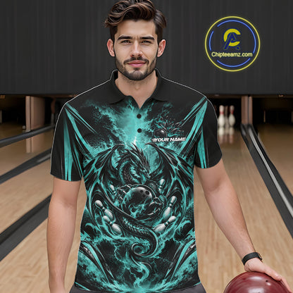 Custom Turquoise Blue Thunder Lightning Dragon Men Bowling Jersey Men Polo Shirt IPHW12126