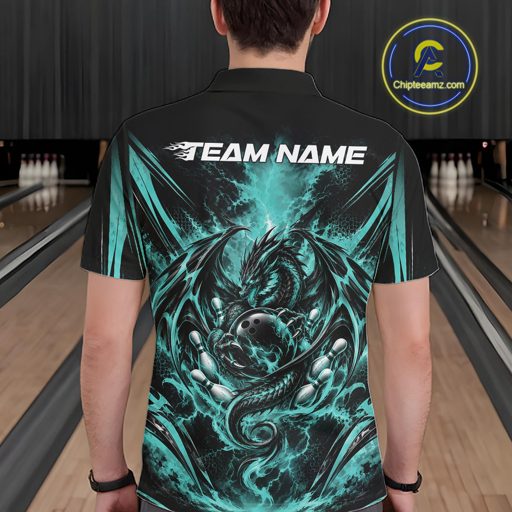 Custom Turquoise Blue Thunder Lightning Dragon Men Bowling Jersey Men Polo Shirt IPHW12126