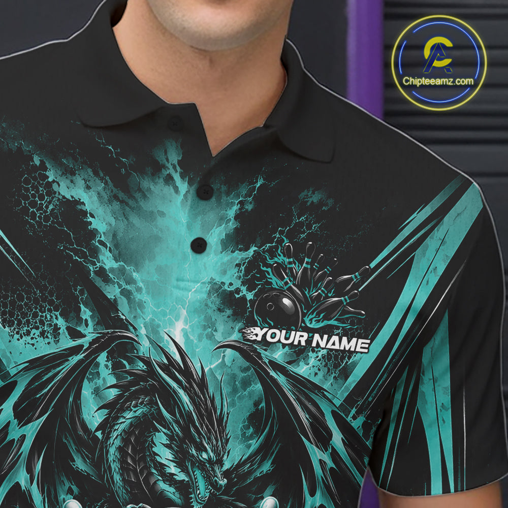 Custom Turquoise Blue Thunder Lightning Dragon Men Bowling Jersey Men Polo Shirt IPHW12126