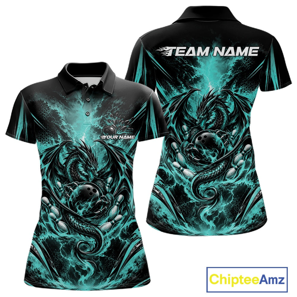 Custom Turquoise Blue Thunder Lightning Dragon Women Bowling Jersey Women Polo Shirt IPHW12126
