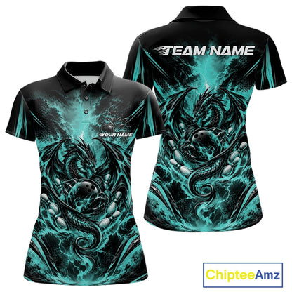 Custom Turquoise Blue Thunder Lightning Dragon Women Bowling Jersey Women Polo Shirt IPHW12126