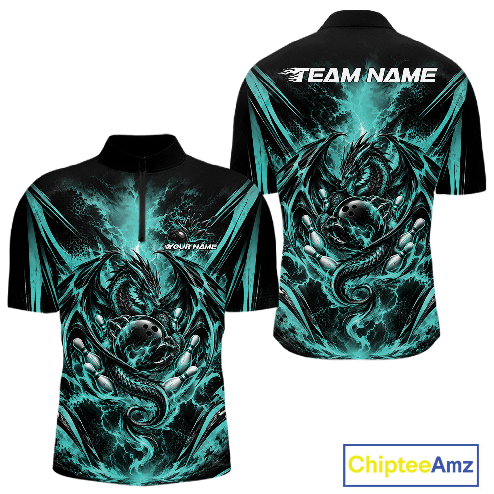 Custom Turquoise Blue Thunder Lightning Dragon Men Bowling Jersey Men Quarter Zip Shirt IPHW12126