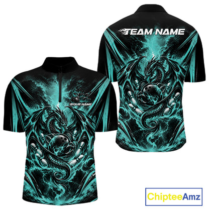 Custom Turquoise Blue Thunder Lightning Dragon Men Bowling Jersey Men Quarter Zip Shirt IPHW12126