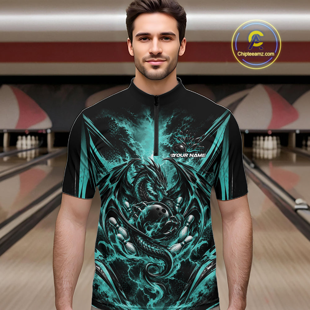 Custom Turquoise Blue Thunder Lightning Dragon Men Bowling Jersey Men Quarter Zip Shirt IPHW12126