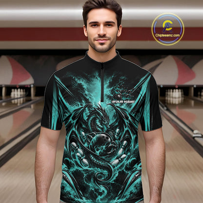 Custom Turquoise Blue Thunder Lightning Dragon Men Bowling Jersey Men Quarter Zip Shirt IPHW12126