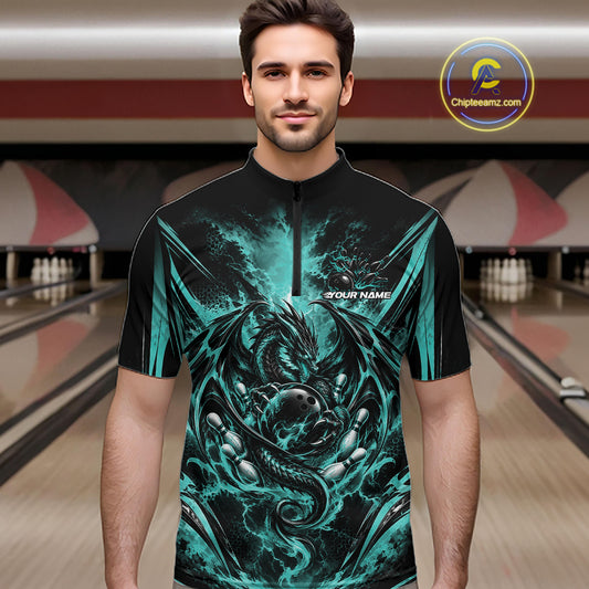 Custom Turquoise Blue Thunder Lightning Dragon Men Bowling Jersey Men Quarter Zip Shirt IPHW12126