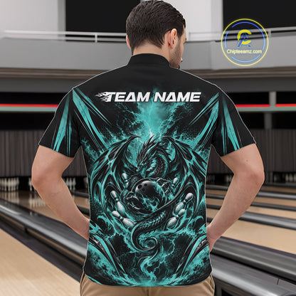 Custom Turquoise Blue Thunder Lightning Dragon Men Bowling Jersey Men Quarter Zip Shirt IPHW12126