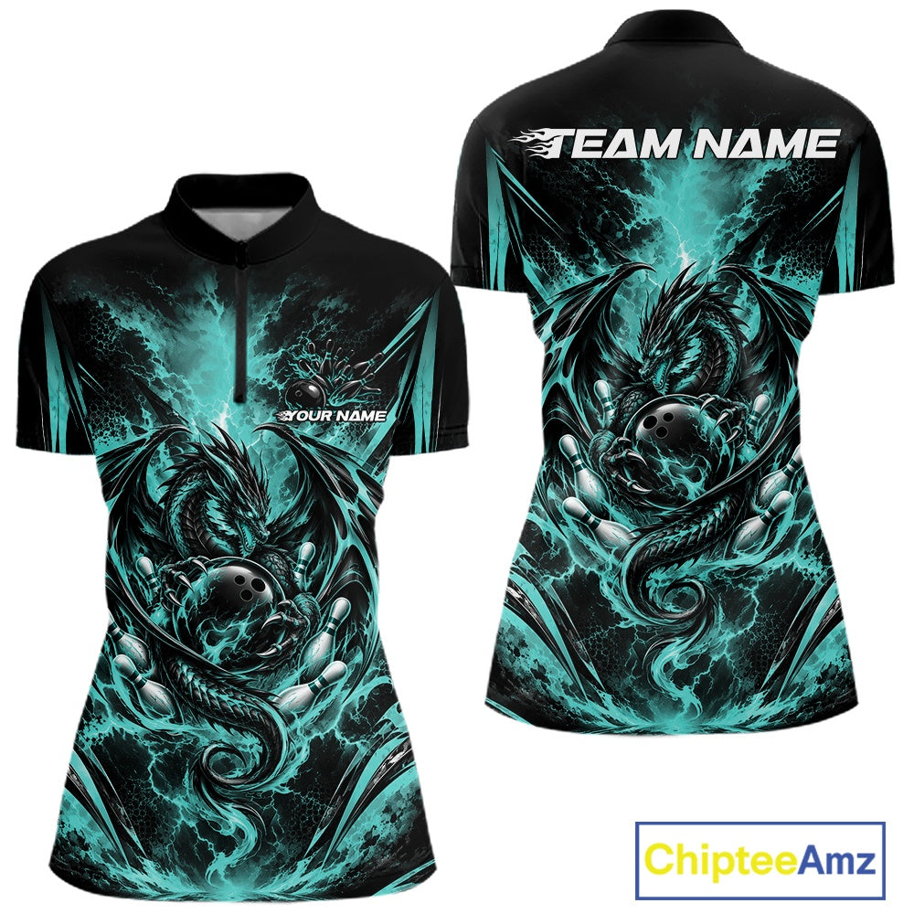 Custom Turquoise Blue Thunder Lightning Dragon Women Bowling Women Quarter-Zip Shirt IPHW12126