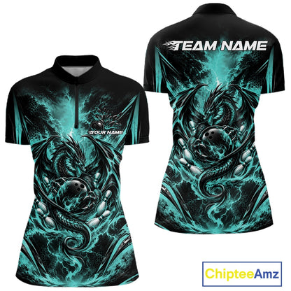 Custom Turquoise Blue Thunder Lightning Dragon Women Bowling Women Quarter-Zip Shirt IPHW12126