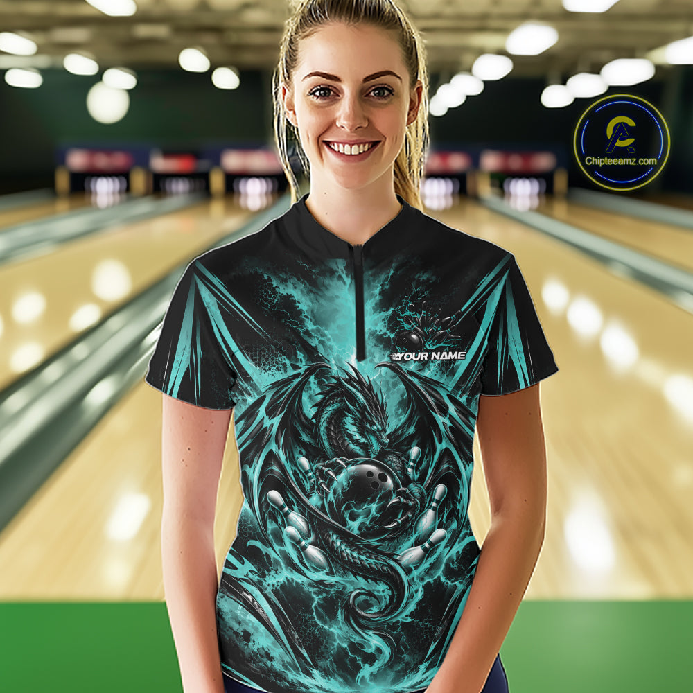 Custom Turquoise Blue Thunder Lightning Dragon Women Bowling Women Quarter-Zip Shirt IPHW12126