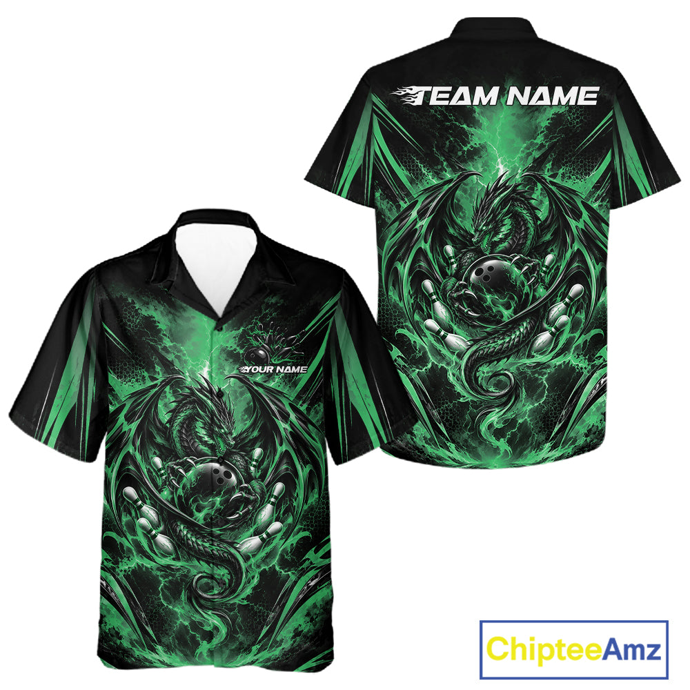 Custom Black And Green Thunder Lightning Dragon Men And Women Bowling Jersey Button Up Shirt IPHW12127