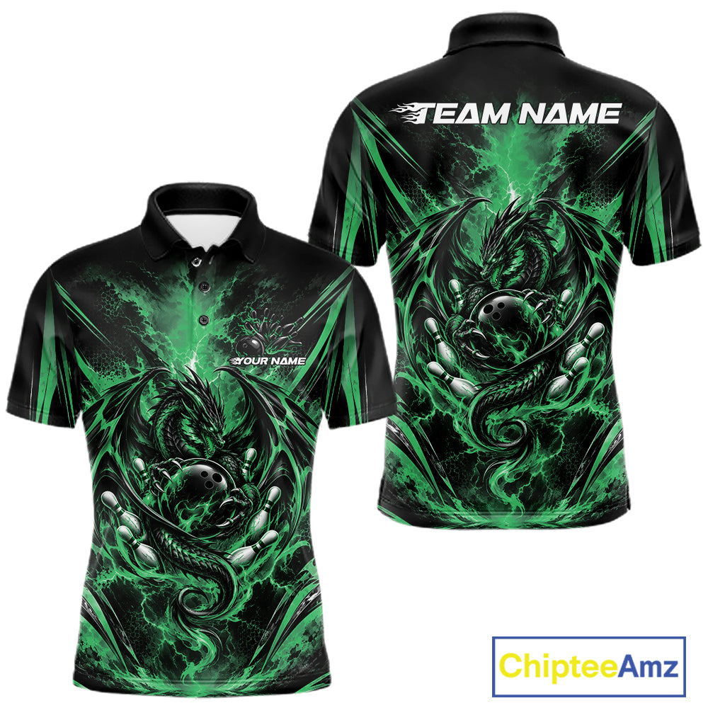 Custom Black And Green Thunder Lightning Dragon Men Bowling Jersey Men Polo Shirt IPHW12127