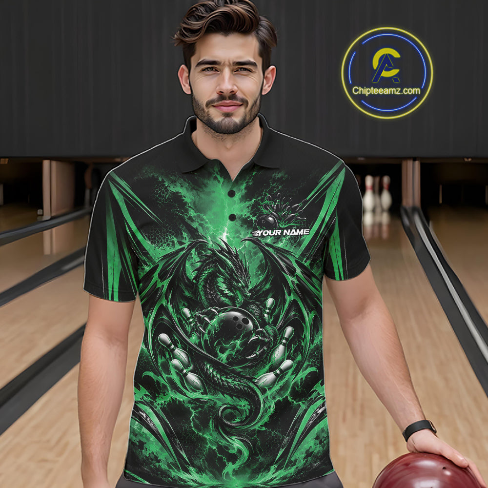 Custom Black And Green Thunder Lightning Dragon Men Bowling Jersey Men Polo Shirt IPHW12127