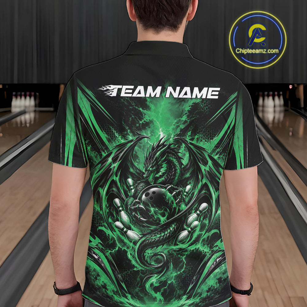Custom Black And Green Thunder Lightning Dragon Men Bowling Jersey Men Polo Shirt IPHW12127