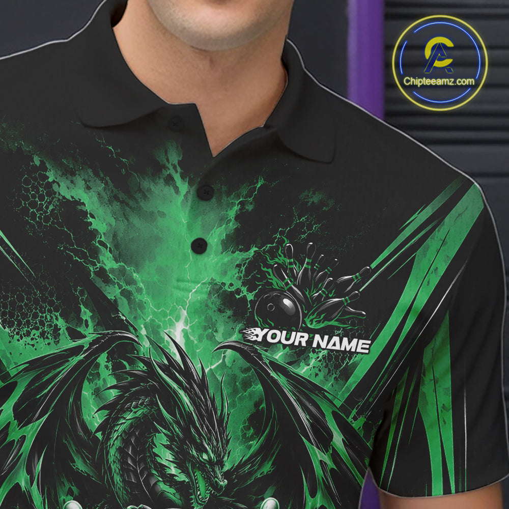 Custom Black And Green Thunder Lightning Dragon Men Bowling Jersey Men Polo Shirt IPHW12127