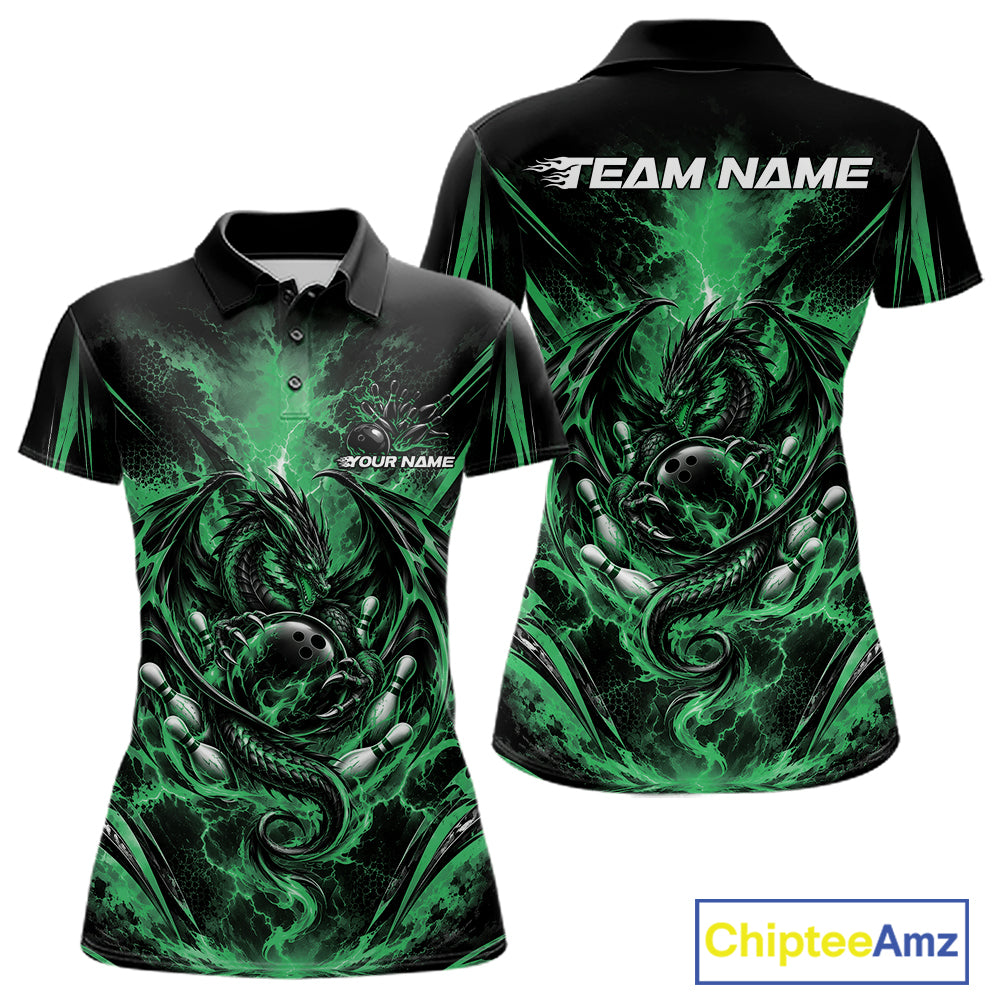 Custom Black And Green Thunder Lightning Dragon Women Bowling Jersey Women Polo Shirt IPHW12127