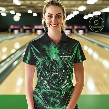 Custom Black And Green Thunder Lightning Dragon Women Bowling Jersey Women Polo Shirt IPHW12127