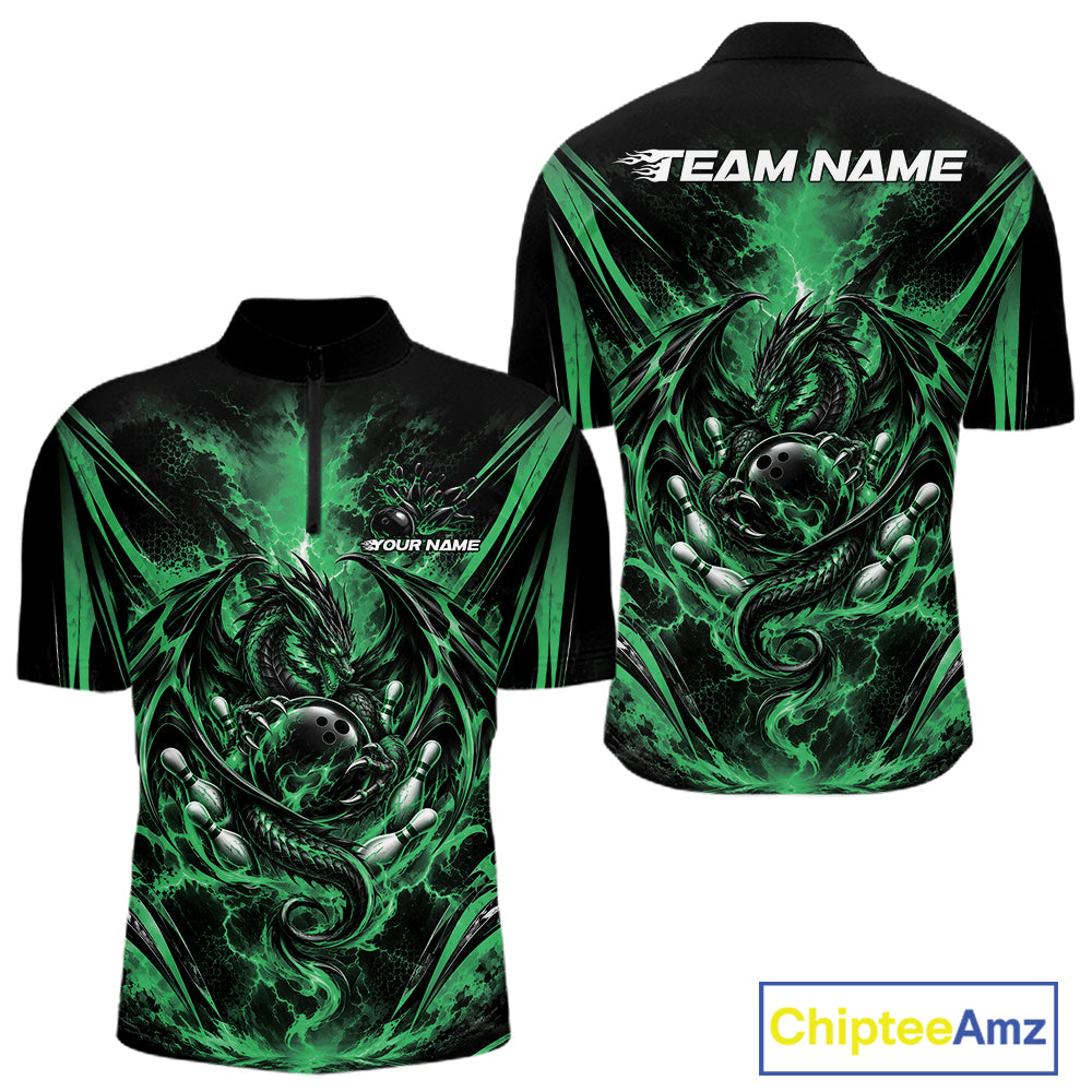 Custom Black And Green Thunder Lightning Dragon Men Bowling Jersey Men Quarter Zip Shirt IPHW12127