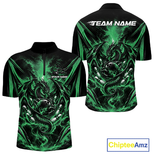 Custom Black And Green Thunder Lightning Dragon Men Bowling Jersey Men Quarter Zip Shirt IPHW12127