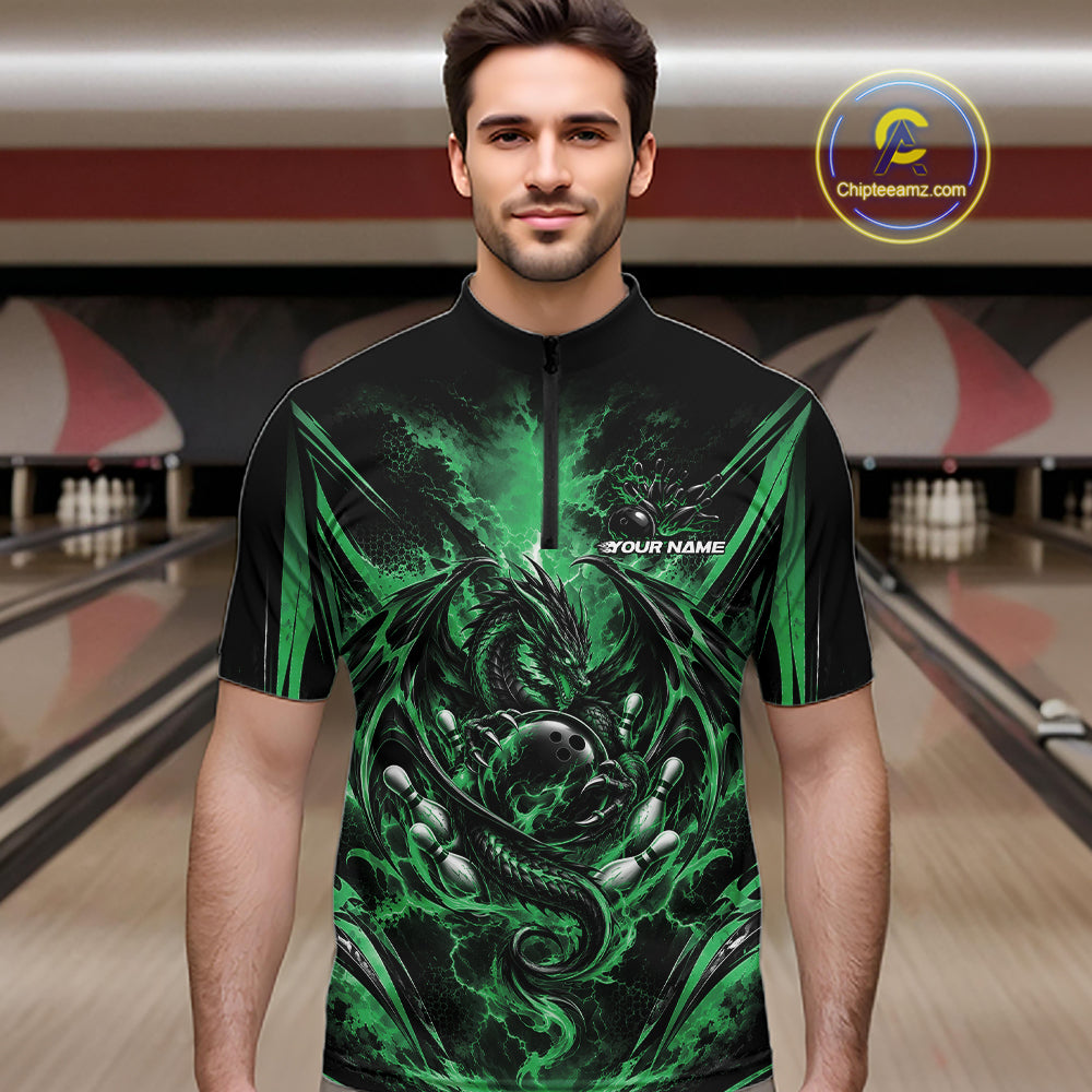 Custom Black And Green Thunder Lightning Dragon Men Bowling Jersey Men Quarter Zip Shirt IPHW12127