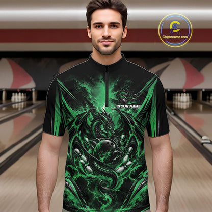Custom Black And Green Thunder Lightning Dragon Men Bowling Jersey Men Quarter Zip Shirt IPHW12127