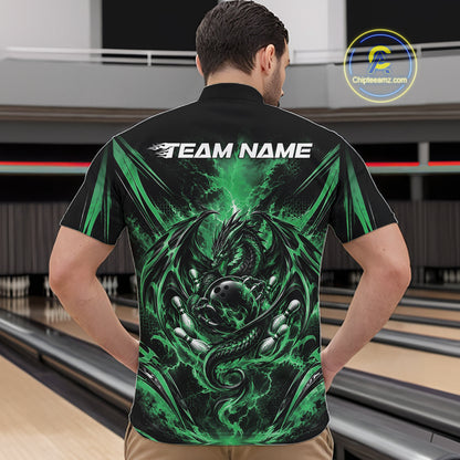Custom Black And Green Thunder Lightning Dragon Men Bowling Jersey Men Quarter Zip Shirt IPHW12127