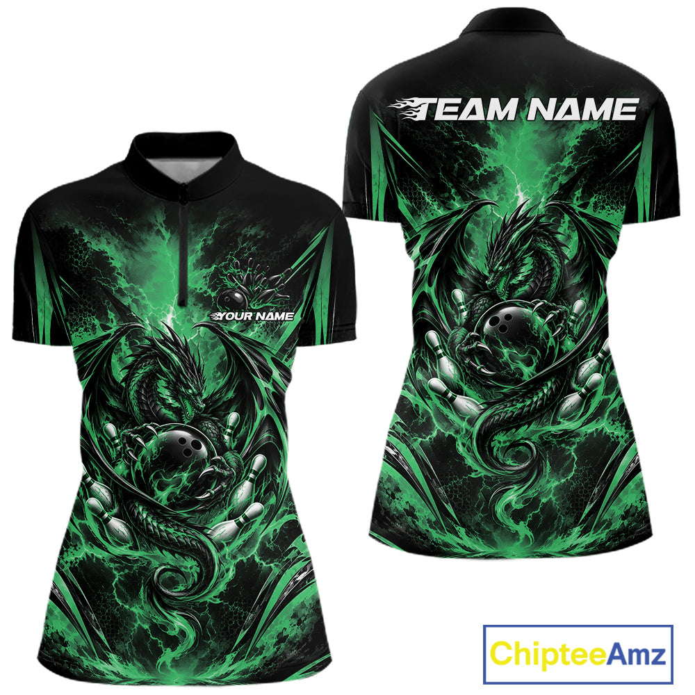 Custom Green Thunder Lightning Dragon Women Bowling Jersey Women Quarter-Zip Shirt IPHW12127