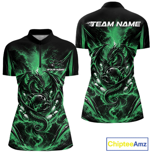 Custom Green Thunder Lightning Dragon Women Bowling Jersey Women Quarter-Zip Shirt IPHW12127