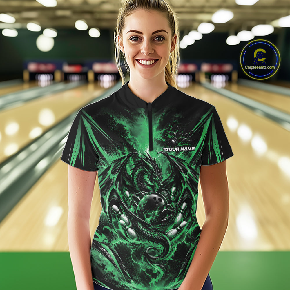 Custom Green Thunder Lightning Dragon Women Bowling Jersey Women Quarter-Zip Shirt IPHW12127