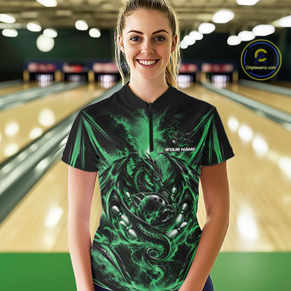 Custom Green Thunder Lightning Dragon Women Bowling Jersey Women Quarter-Zip Shirt IPHW12127