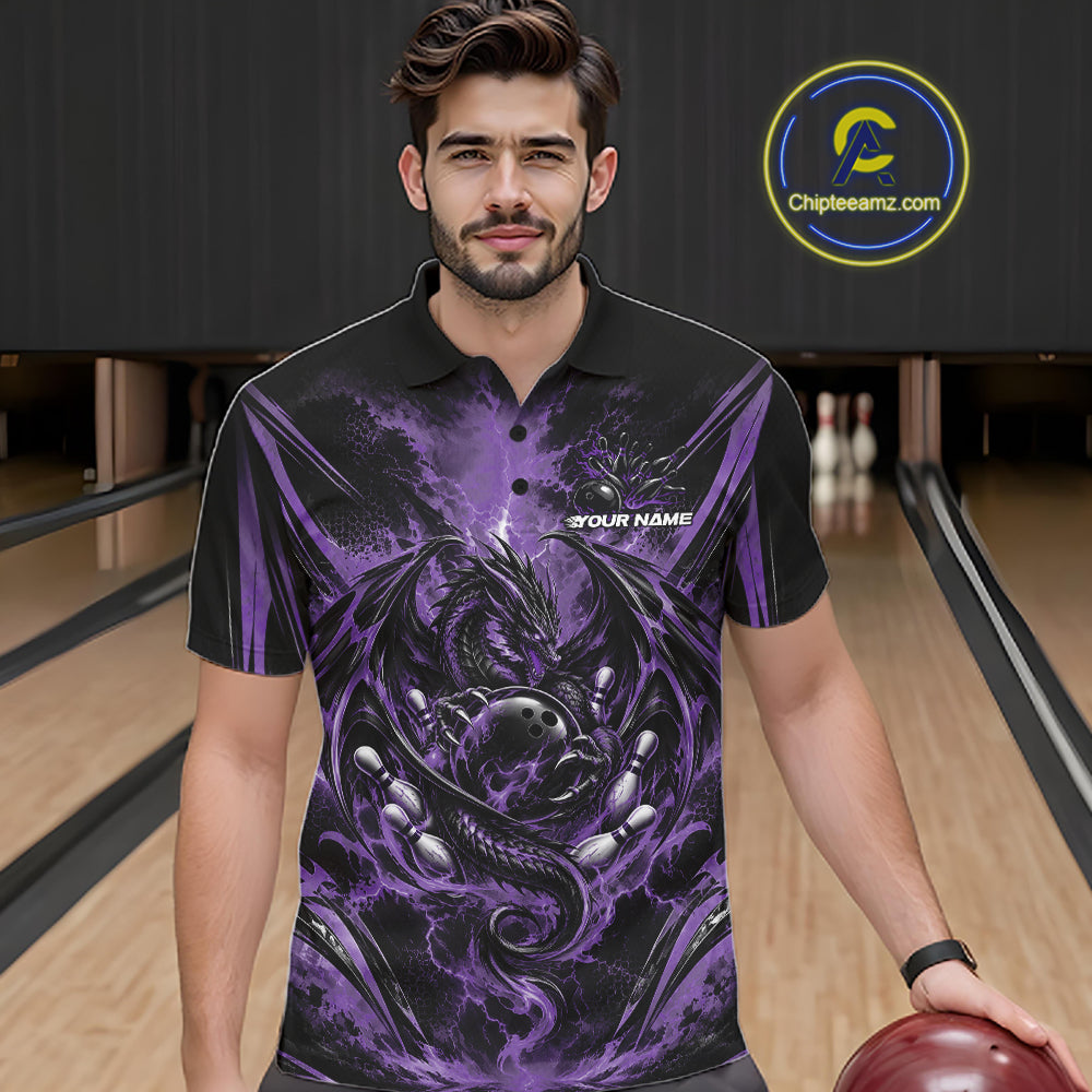 Custom Black And Purple Thunder Lightning Dragon Men Bowling Jersey Men Polo Shirt IPHW12128