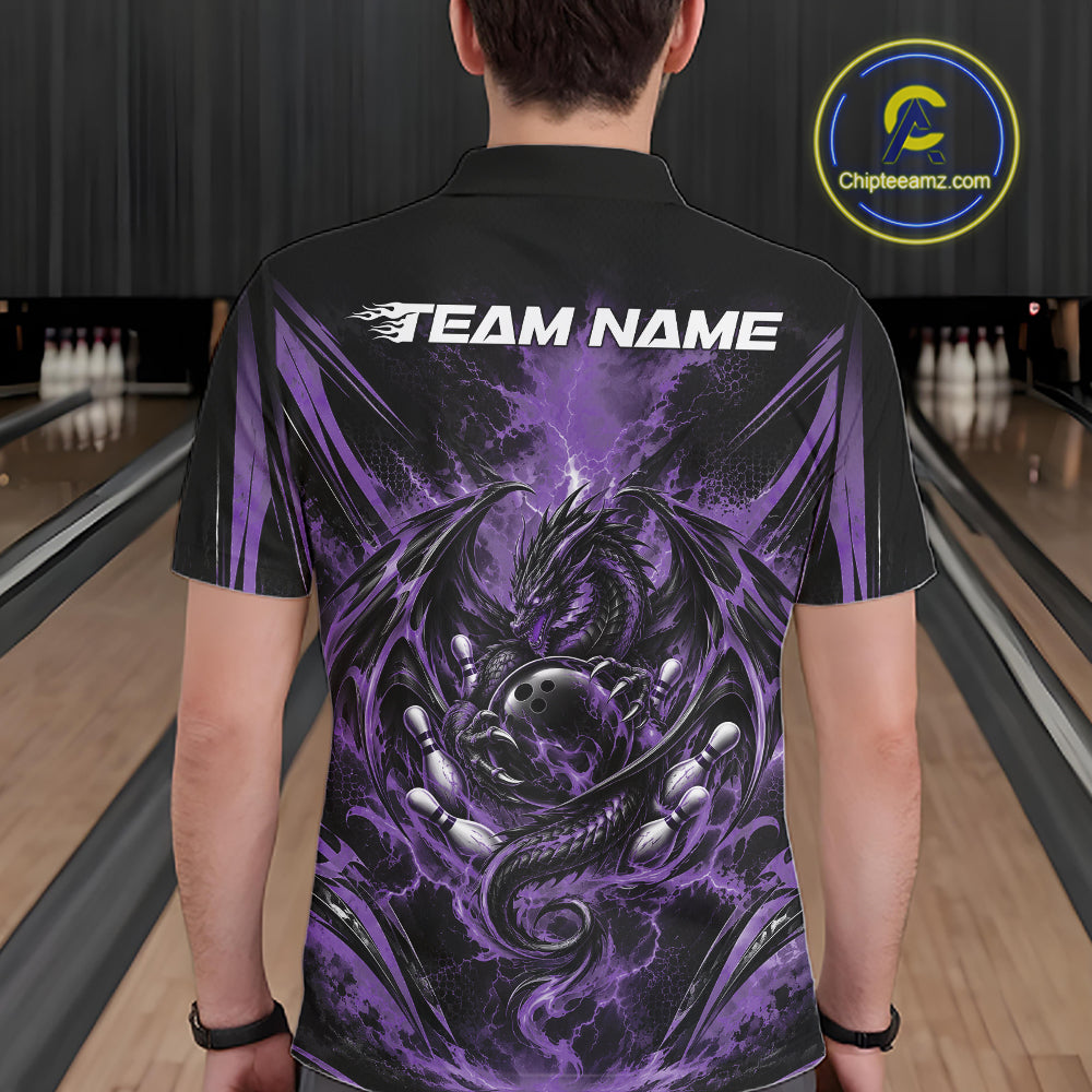 Custom Black And Purple Thunder Lightning Dragon Men Bowling Jersey Men Polo Shirt IPHW12128