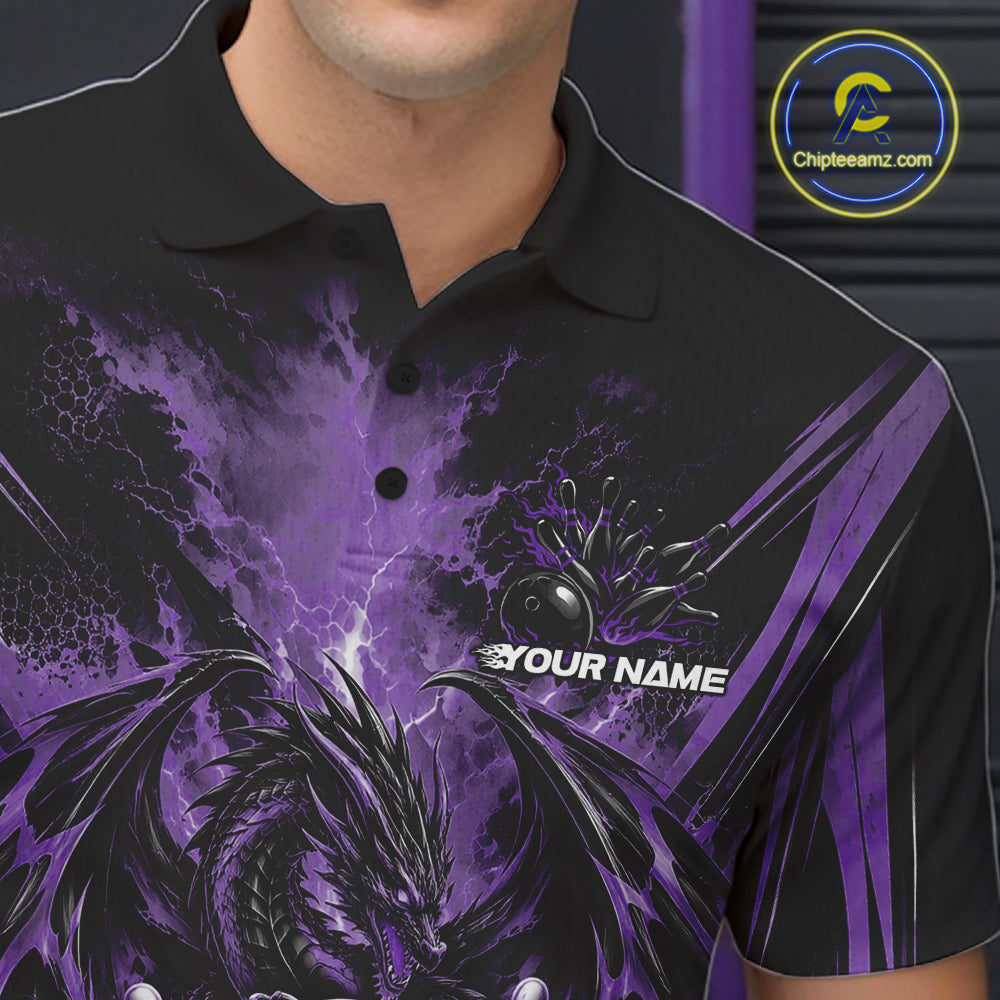 Custom Black And Purple Thunder Lightning Dragon Men Bowling Jersey Men Polo Shirt IPHW12128