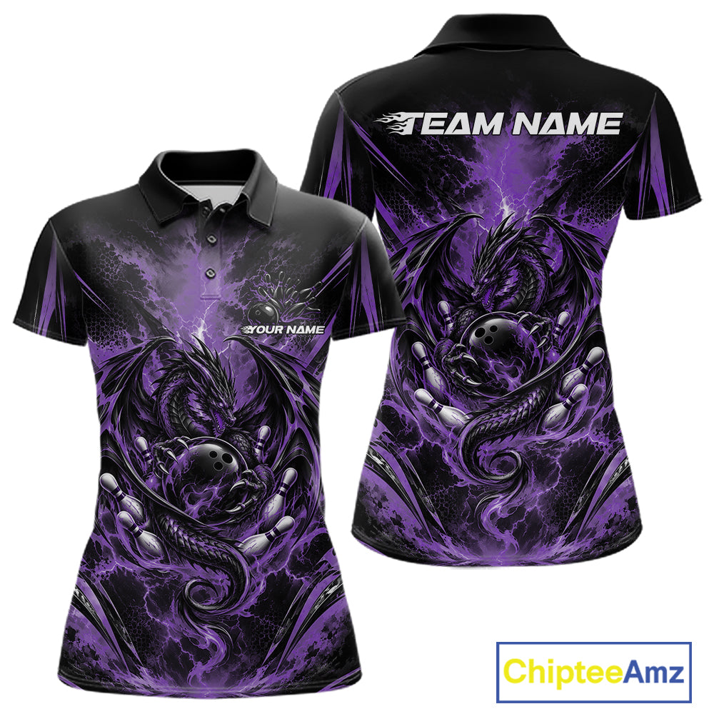 Custom Black And Purple Thunder Lightning Dragon Women Bowling Jersey Women Polo Shirt IPHW12128
