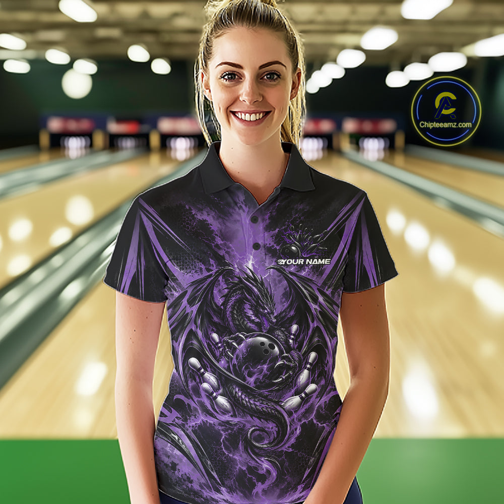 Custom Black And Purple Thunder Lightning Dragon Women Bowling Jersey Women Polo Shirt IPHW12128